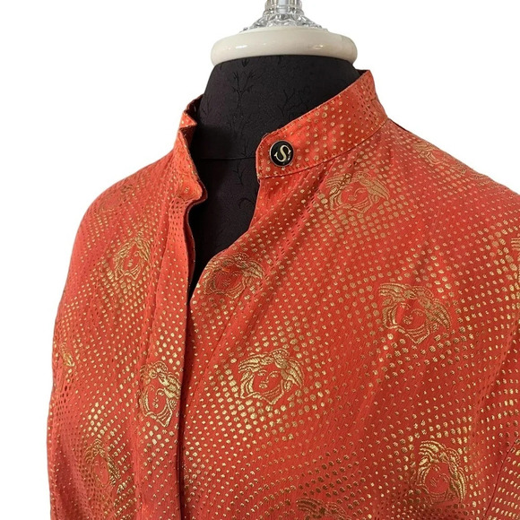 Vintage Silversilk Medusa Head Woven Orange Gold Silk Blouse Made in Korea M - Picture 2 of 14